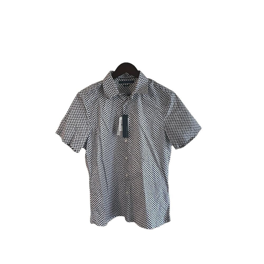 Mens NWT Button-down short sleeve Perry Ellis shirt White & Blue Cotton M